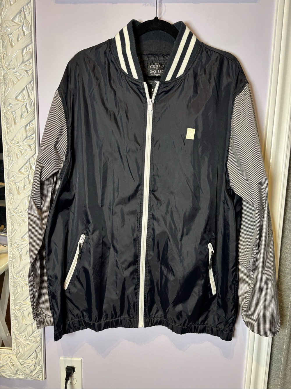Crooks & Castles Black Windbreaker with White Trim and Patterned Sleeves XL
